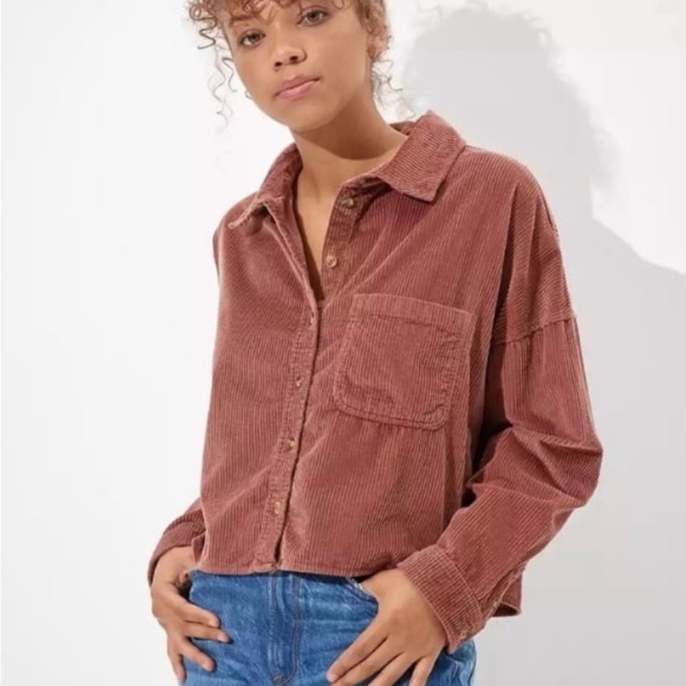 American Eagle Brown Cropped Corduroy Shacket Top Button Down Medium